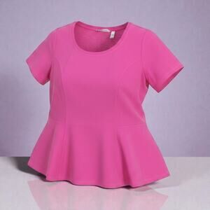 Isaac Mizrahi Live Pink Peplum Top XL Stretch Short Sleeve Flowy Hem